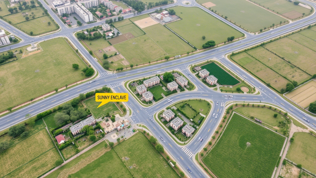 "A conceptual representation of a map of Sunny Enclave, Mohali, highlighting budget plot areas with investors and buyers discussing land deals."