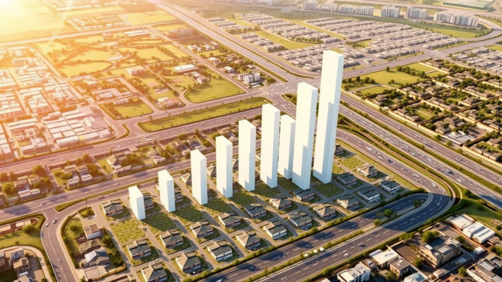 "A visual representation of rising land prices in Sunny Enclave, Mohali, with small plots increasing in value like a growing bar graph."